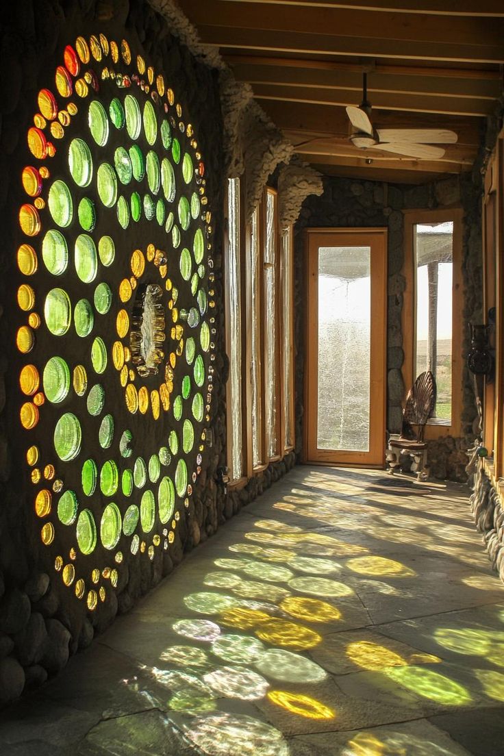 the sun shines through windows into a room with stone walls and large circular window panes