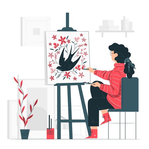 a woman is sitting in front of an easel and painting