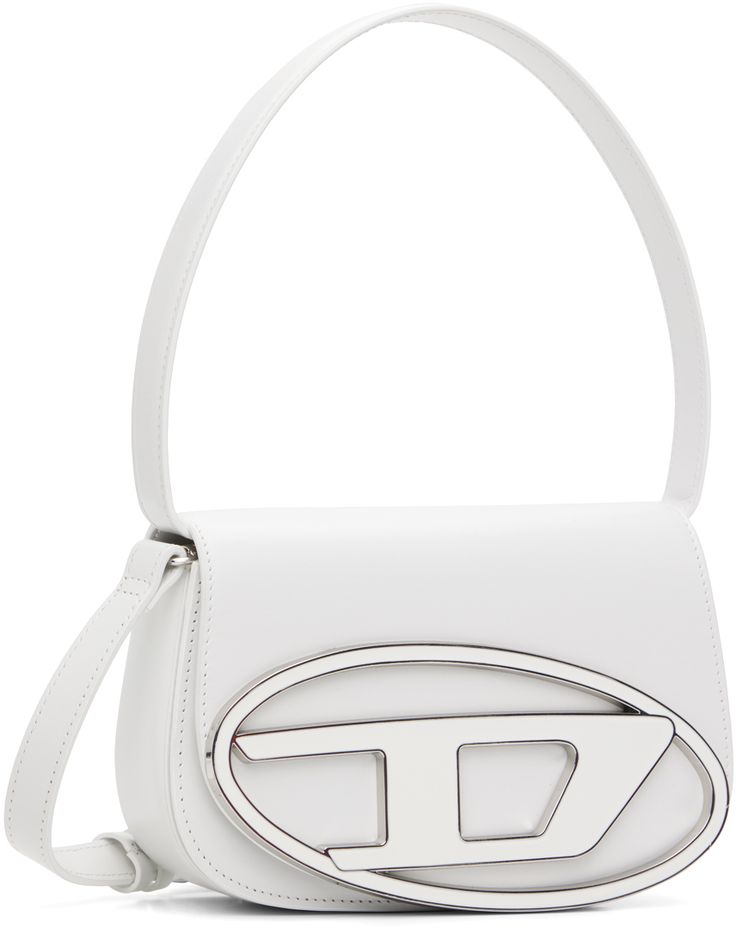 Structured buffed nappa leather shoulder bag in white. · Fixed shoulder strap · Adjustable and detachable crossbody strap · Enamelled logo hardware at face · Magnetic press-stud flap · Patch pockets at interior · Twill lining · H5 x W8 x D3 Supplier color: White White Shoulder Bag With Logo Hardware For Everyday Use, Formal White Flap Bag With Branded Hardware, Modern Tan Bags With Logo Hardware, White Formal Flap Bag With Branded Hardware, White Logo Shoulder Bag For Formal Occasions, Formal White Shoulder Bag With Logo, Classic White Flap Bag With Branded Hardware, Tan Top Handle Shoulder Bag With Logo Hardware, Modern Tan Shoulder Bag With Logo Hardware