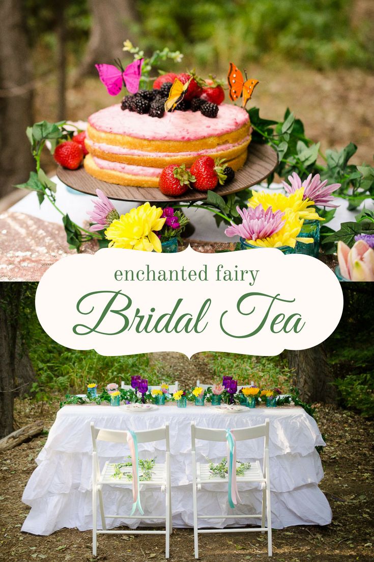 a table topped with a cake covered in frosting next to a sign that says enchanted fairy bridal tea