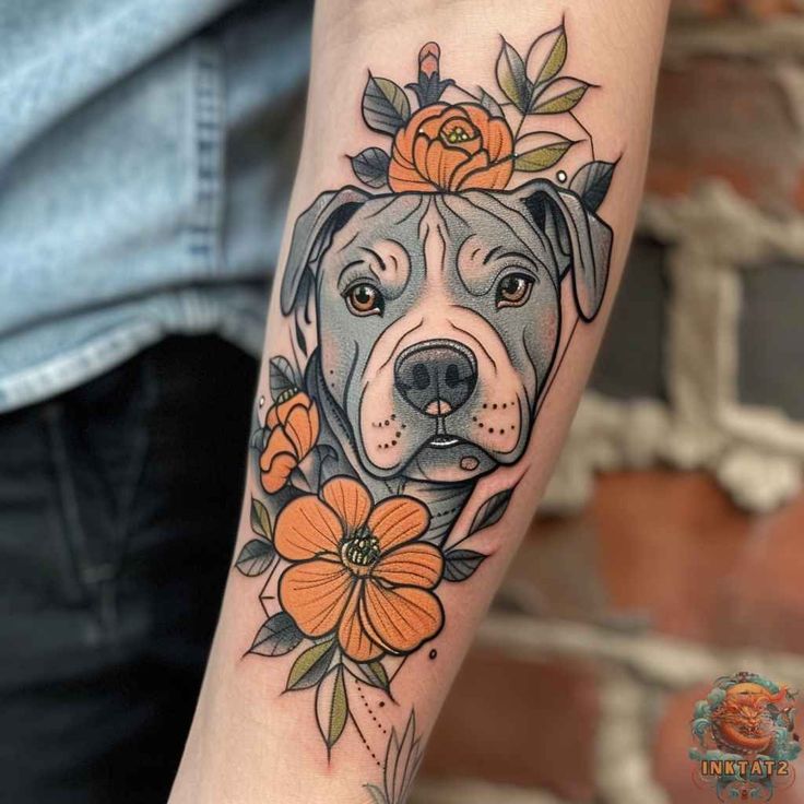 a dog with flowers on its head is shown in this tattoo art work by artist markiek