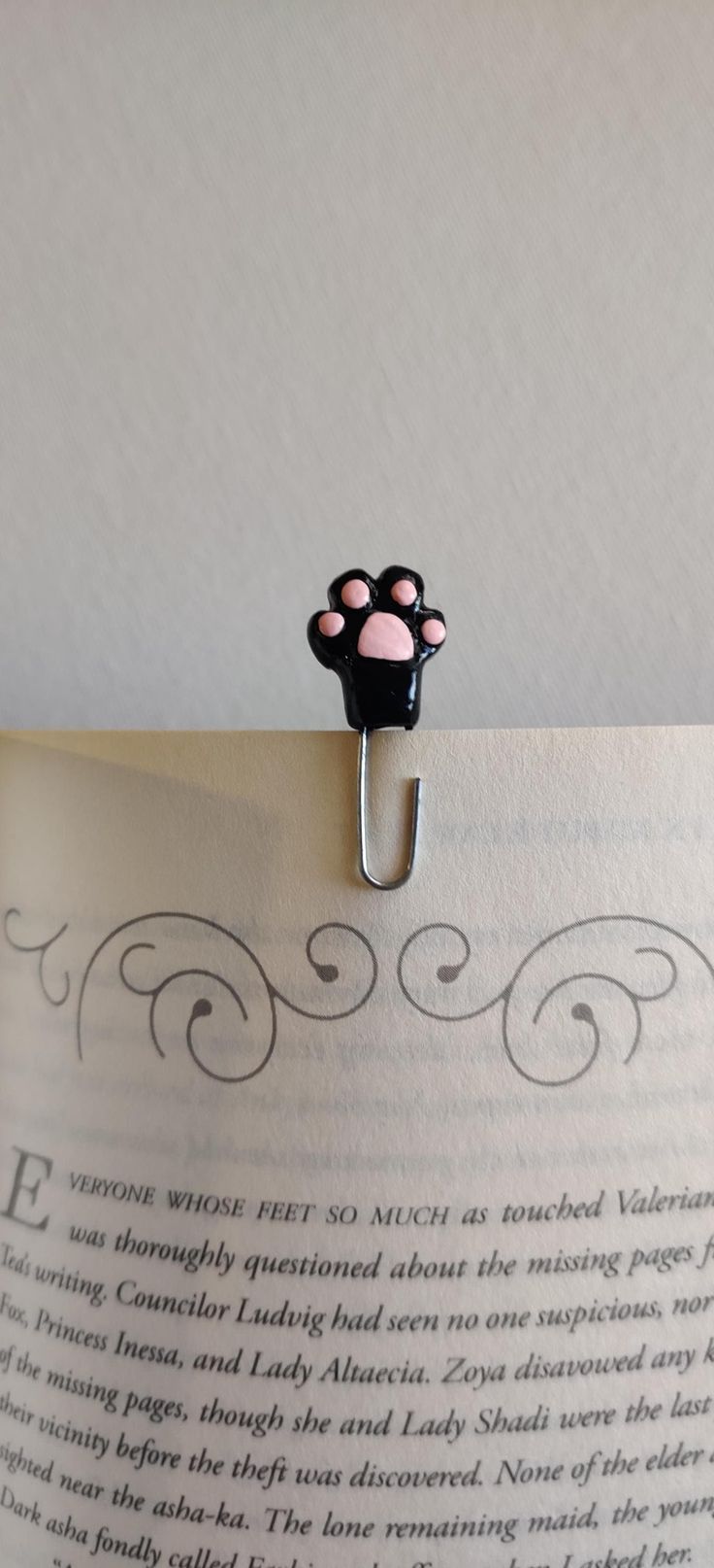 an open book with a cat paw on it's cover and a clip in the middle