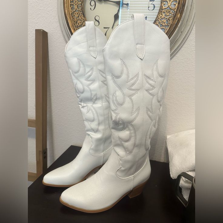 Knee High White Cowboy Boots From Amazon. Never Worn, Perfect Condition. Women’s Size 9. White Knee-high Synthetic Boots, White Knee-high Boots With Wide Calf, White Knee-high Boots For Wide Calves, White Closed Toe Winter Boots, Trendy White Round Toe Boots, Western High-top Boots For Spring, White Western Mid-calf Boots With Wide Calf, Trendy White Closed Toe Boots, Trendy White Wide Calf Boots