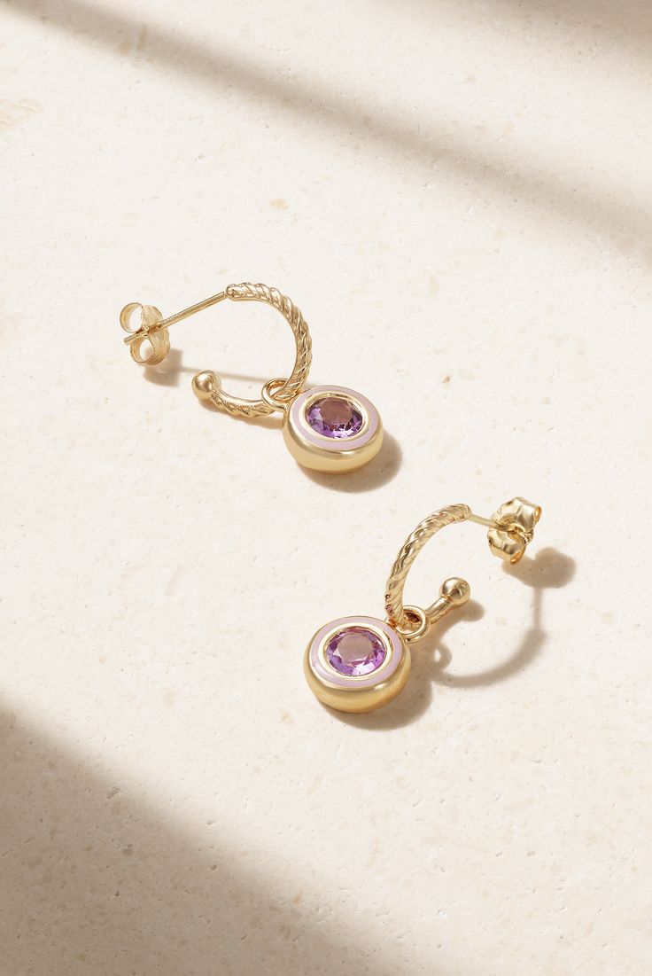 Alison Lou's 'Madison' earrings are interchangeable, so you can wear them as a simple hoop or with the jeweled charm, depending on your mood. They're cast from 14-karat gold and set with a sparkling laboratory-grown amethyst framed by matching purple enamel. Classic Round Amethyst Earrings, Timeless Round Purple Jewelry, Timeless Purple Round Jewelry, Timeless Amethyst Jewelry, Modern Bezel Set Earrings Gift, Modern Earrings With Bezel Setting For Gift, Modern Earrings With Bezel Setting As Gift, Elegant Gold Amethyst Hoop Earrings, Elegant Purple Round Hoop Earrings