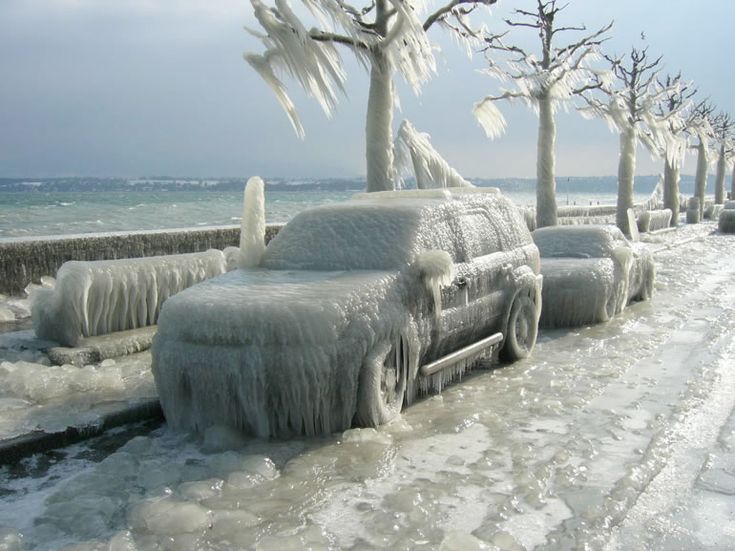 there are four pictures of cars covered in ice and icicles next to the ocean