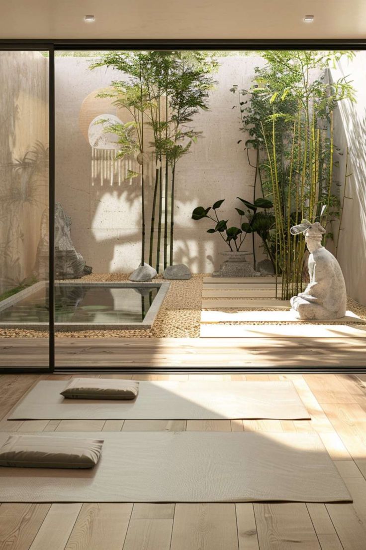 Tranquil Yoga Room Ideas with Zen Garden Terrace Yoga Space, Outside Yoga Space Ideas, Garden Yoga Studio, Home Spa Room Decor, Wellness Studio Design, Wellness Centre Design, Indoor Garden Ideas Houses, Backyard Yoga Space Zen Gardens, Yoga Meditation Space Zen Room