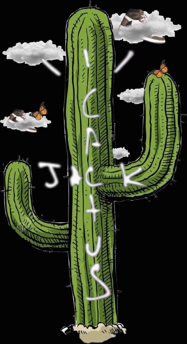 a green cactus with the word attack written on it's side and birds flying around