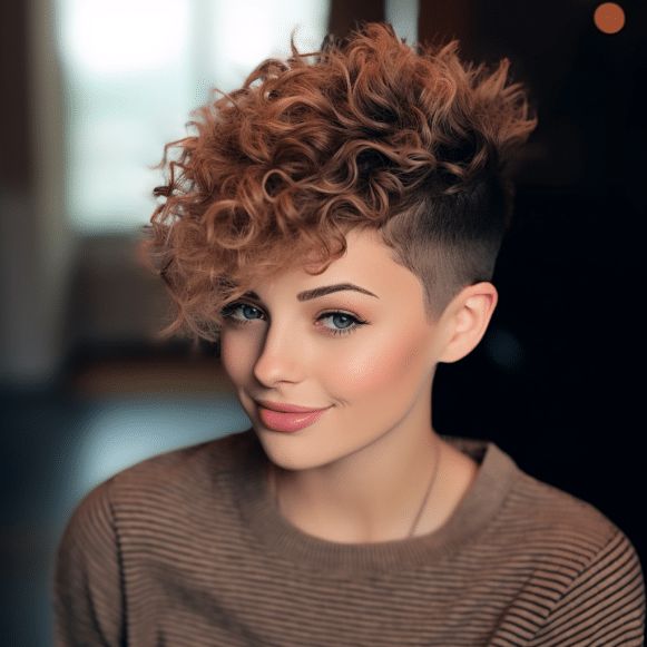 Curly Top Pixie with Undercut Curly Pixie Undercut, Very Short Pixie Haircut Shaved Sides, Balayage Pixie Hair, Pixie Blonde Hair, Curly Hair Shaved Side, Curly Mohawk Hairstyles, Longer Pixie, Undercut Curly Hair, Haircuts Trending