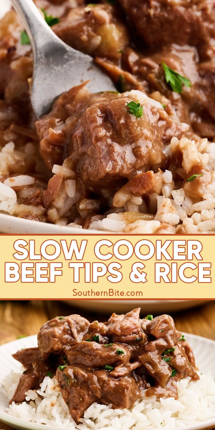 slow cooker beef tips and rice on a plate