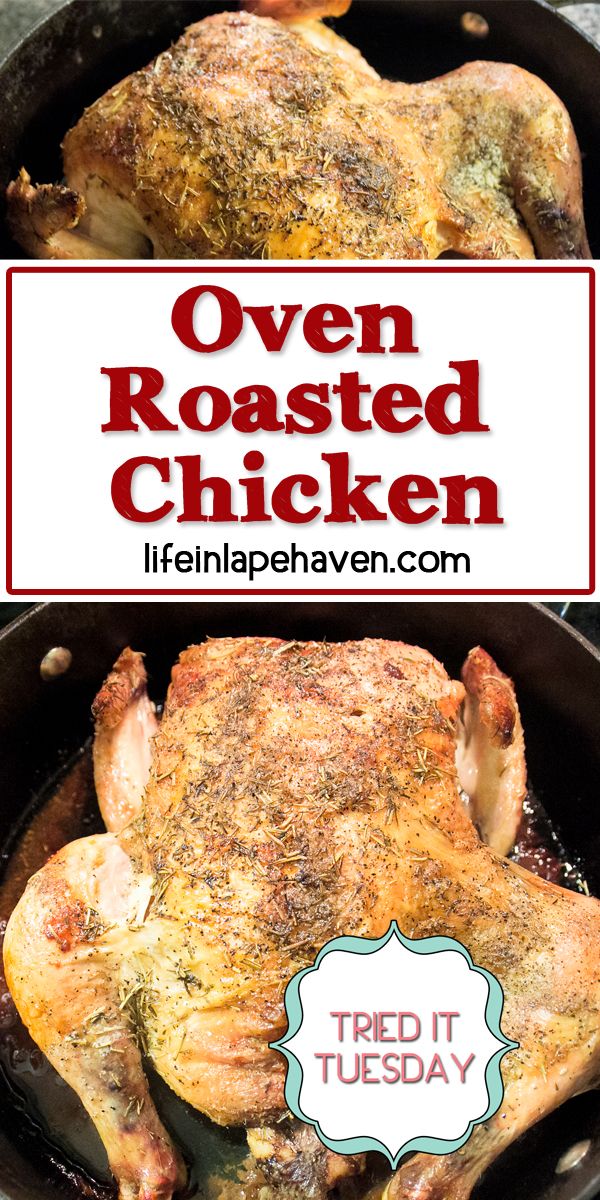 oven roasted chicken in a cast iron skillet with text overlay