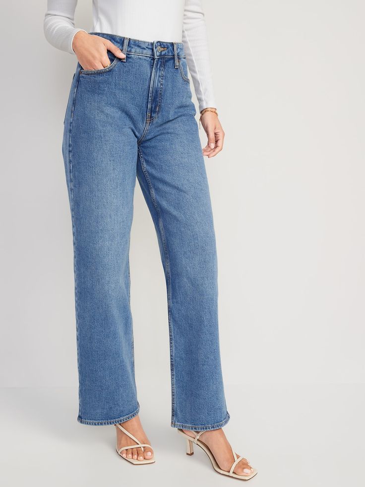 The extra high-waisted Sky-Hi mom jeans you love, now with an insta-cool wide leg! With a 1" higher rise than our standard high-waisted jeans, these take the wide-leg trend to new heights.   Straight extra high-rise waistband, with button closure and Classic Medium Wash Bottoms With Belt Loops, Classic Medium Wash Bottoms With Pockets, Medium Wash Straight Bottoms With Pockets, Classic Dark Wash Bottoms With Pockets, Classic High Waist Jeans With Pockets, Classic Light Wash Pants With Pockets, Everyday Dark Wash Bottoms With Belt Loops, Classic High Rise Washed Bottoms, Straight Denim Bottoms With Pockets