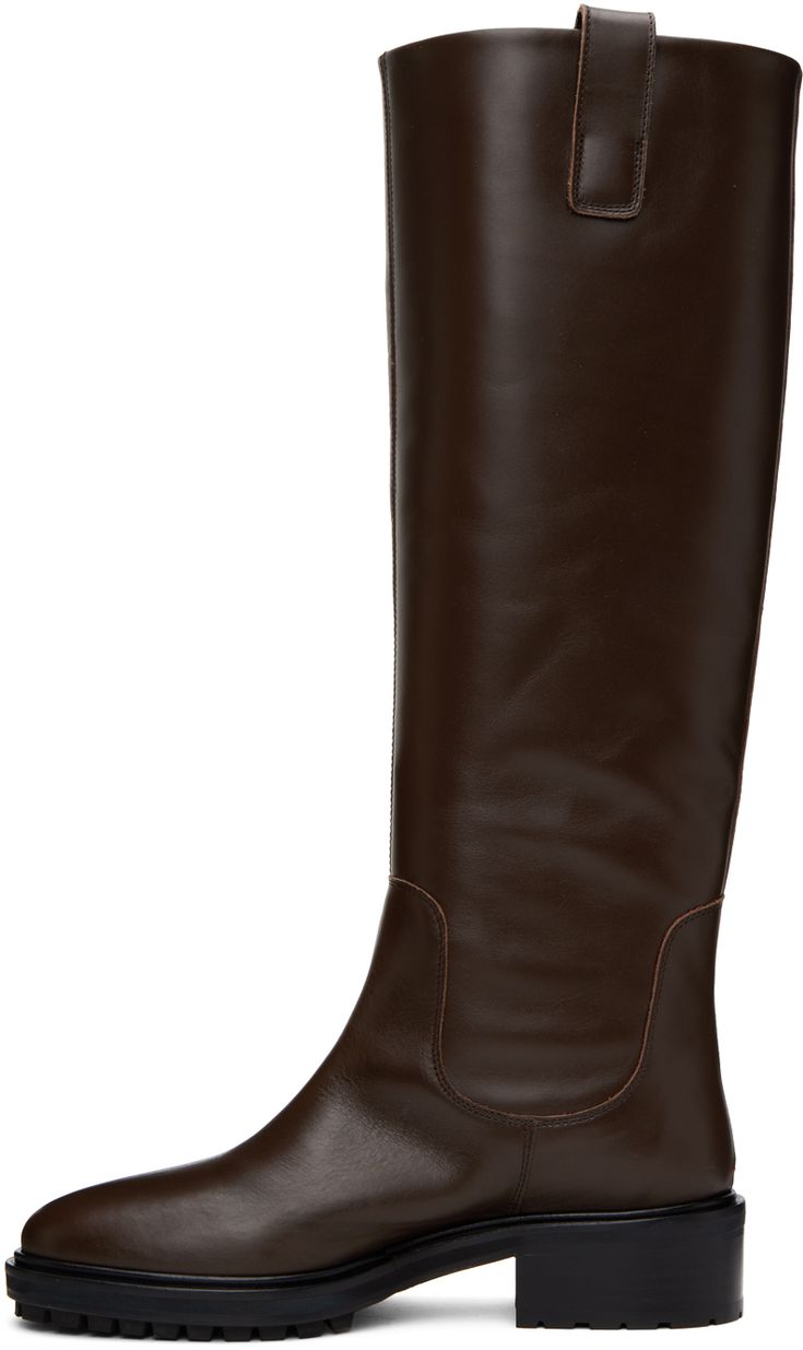 Knee-high buffed calfskin boots in brown. · Pull-loops at collar · Grained lambskin and suede lining · Stacked leather block heel with rubber injection · Treaded leather sole with rubber injection · Heel: H1.5 in Supplier color: Moka Classic Calf Leather Platform Boots With Square Toe, Classic Square Toe Platform Boots In Calf Leather, Classic Calf Leather Platform Boots With Leather Lining, Classic Mid-calf Boots With Square Toe In Calf Leather, Luxury Brown Knee-high Heeled Boots, Brown Calf Leather Knee-high Boots With Square Toe, Brown Calf Leather Mid-calf Boots With Round Toe, Classic Heeled Boots In Calf Leather With Wide Calf, Classic Wide Calf Heeled Boots In Calf Leather