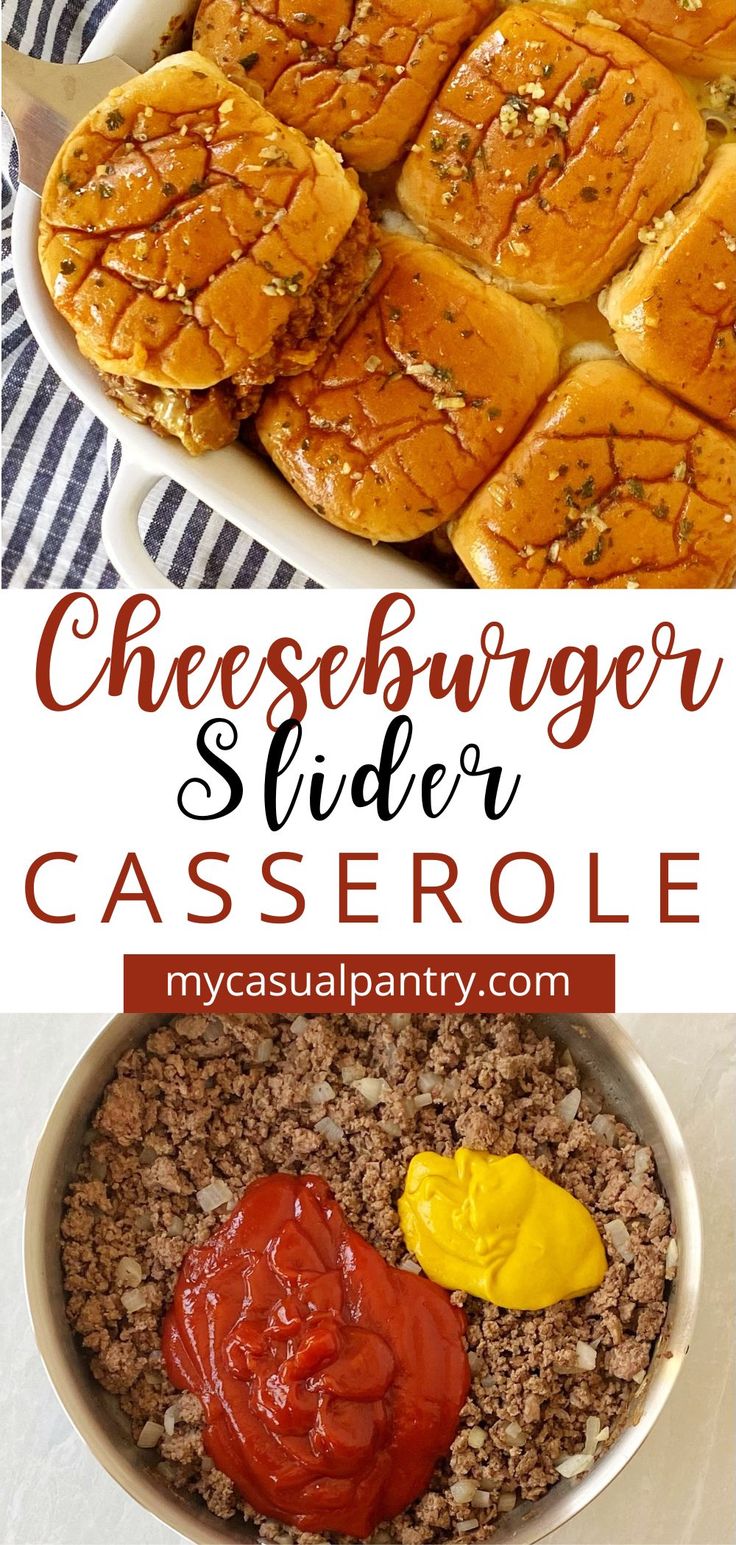 baking dish of sliders and ground beef cheeseburger mixture in a skillet. Slider Casserole, Ground Beef Sliders, Leftover Casserole, Recipes Using Ground Beef, Cheeseburger Sliders, Beef Sliders, Feed A Crowd, Ground Beef Recipes Easy, The Leftovers