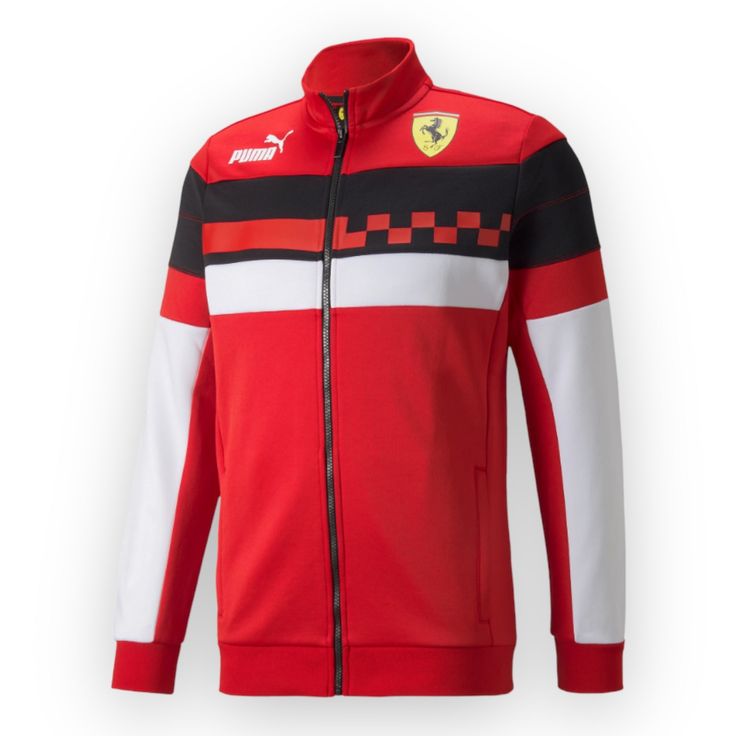 a red jacket with black and white stripes on the front, and a ferrari logo on the back