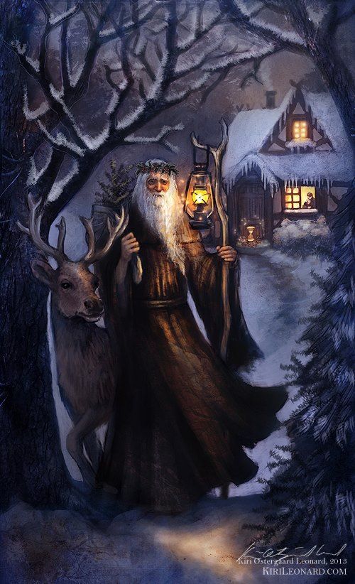 a painting of two men with deer in front of a snowy cabin at christmas time