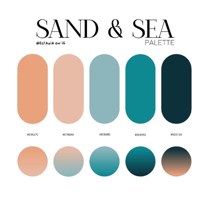 the color scheme for sand and sea is shown in shades of teal, orange, blue