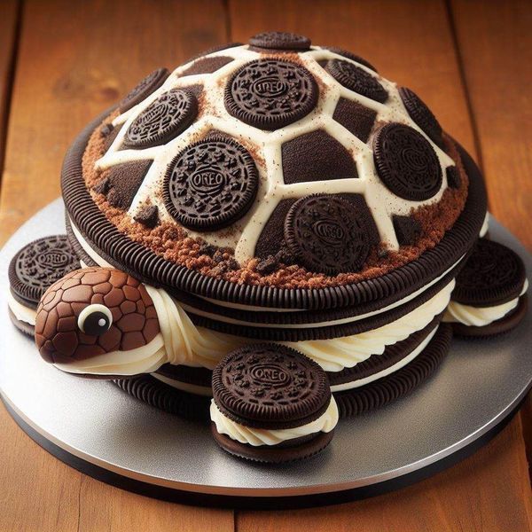 a cake made to look like a turtle with cookies on it's shell and two oreos in the middle