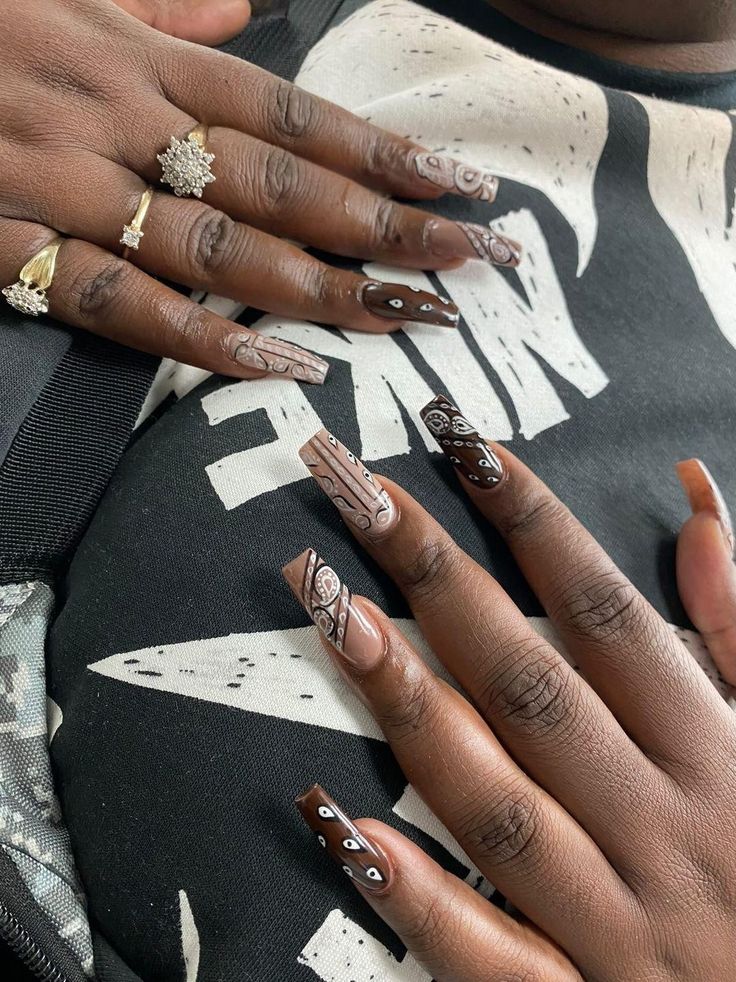 Brown Bandana Nails, Blue Bandana Nails, Bandana Nail Art, Bandana Nails, Coffin Nails Designs Summer, Camo Nails, Oval Shaped Nails, Brown Acrylic Nails, Green Acrylic Nails