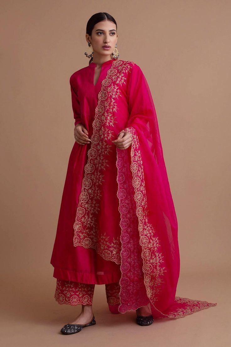 Buy Crimson magenta A-line kurta with pintuck detail on the yoke. Comes with palazzo and dupatta by #SureenaChowdhri at #AzaFashions Shop online now at #Azafashions.com Call +91 8291990059 or email contactus@azafashions.com for enquiries. #wedding #festive #ethnic #tradional #shopping #shoponline #party #reception #bride Sureena Chowdhri, Kurta Palazzo Set, Diwali Outfits, Pink Thread, Zari Embroidery, Salwar Kamiz, A Line Kurta, Palazzo Set, Embroidery Suits Design