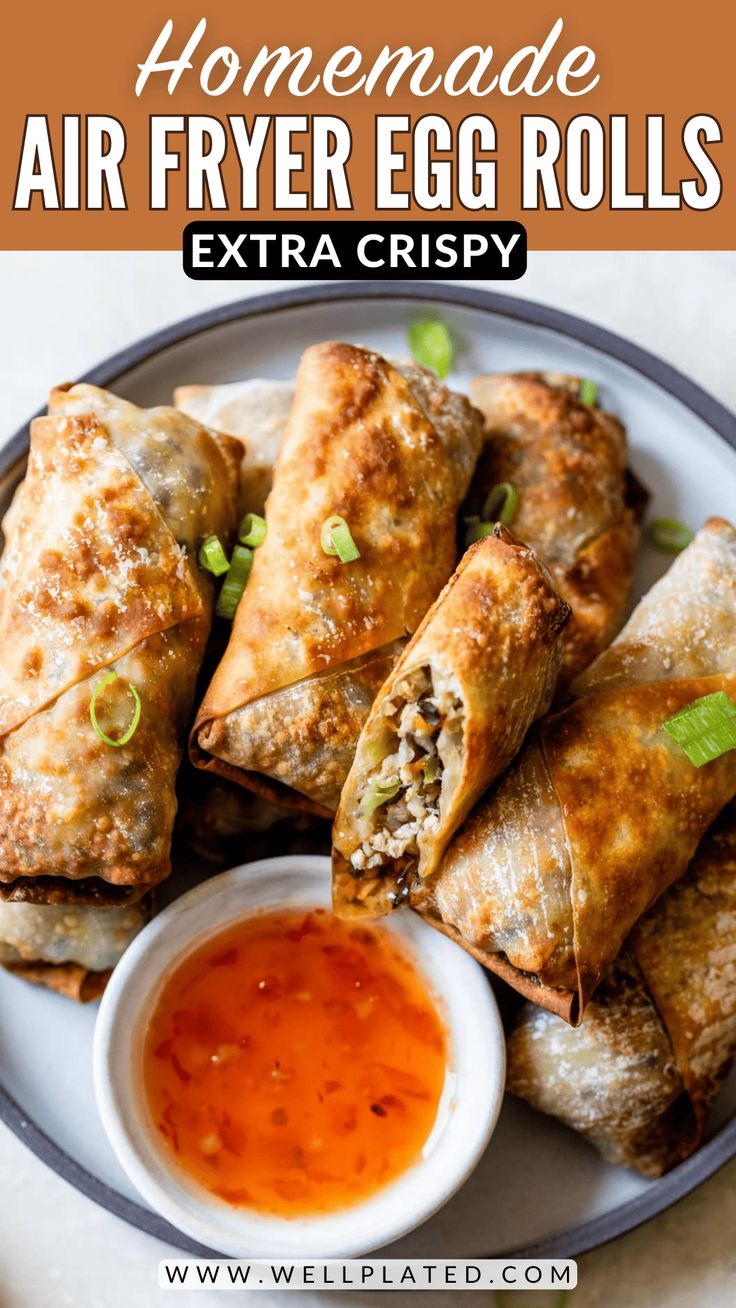 homemade air fryer egg rolls on a plate with dipping sauce