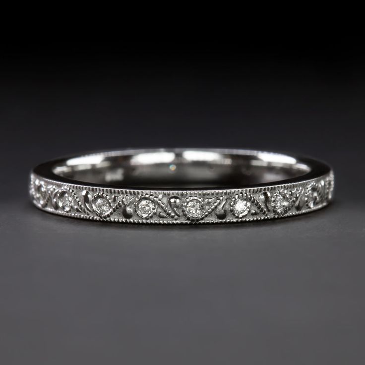 DIAMOND VINTAGE STYLE FILIGREE WEDDING BAND FLORAL RING 14K ETERNITY ART DECO Luxury Classic Bands With Intricate Design, Timeless Luxury Engraved Diamond-cut Ring, Vintage Style Wedding Band, Art Deco Wedding Bands For Women, Edwardian Wedding Band, Vintage Inspired Wedding Band, Vintage Diamond Bands, Wedding Band Silver, Pinkie Ring