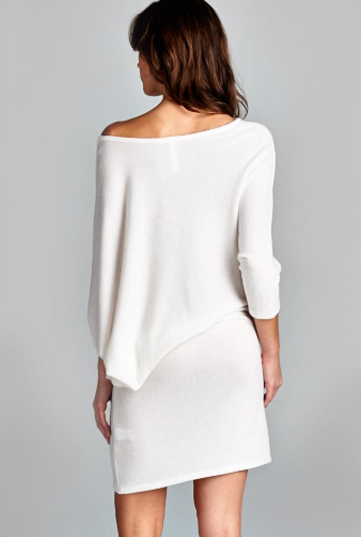 This sophisticated off the shoulder dress is the perfect storm of sexy meets elegant, meets edgy. Why this is in out Top 10 list of wardrobe staples is because its versatility as both a dress and a long top! With 3/4 dolman sleeves and a boatneck, the tunic can be kept as simply dress. Pull it off one shoulder, add some heels and you have a great date dress! Dress has some sheerness and we recommend wearing a nude slip underneath. Only 3 left! Available in off-white. 62% polyester, 33% rayon and The Perfect Storm, Date Dress, Simply Dress, Date Dresses, Perfect Storm, Top 10 List, Off The Shoulder Dress, Dolman Sleeve, Boat Neck