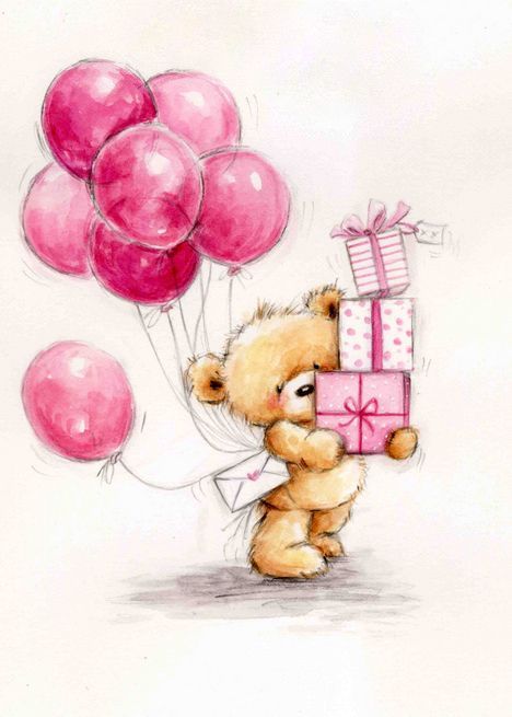 a drawing of a teddy bear holding balloons and a gift box with a bow on it