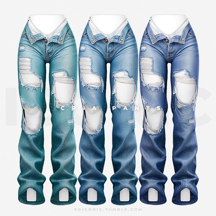 three different colored jeans with holes in the front and back, all ripped up to one side