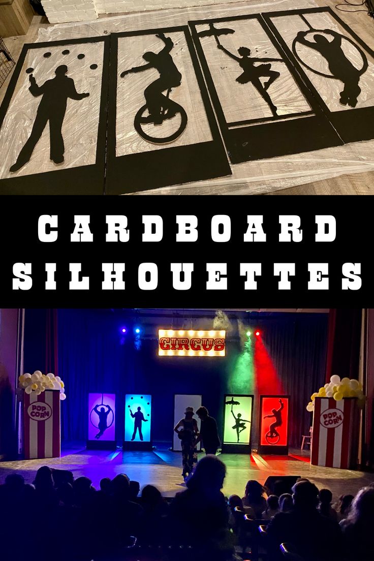 the silhouettes of people on stage are shown in black and white, with text that reads cardboard silhouettes