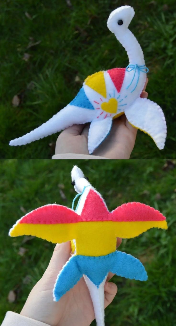 two pictures of a hand holding a stuffed animal in the shape of an airplane with wings