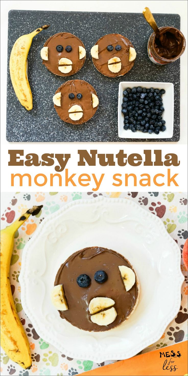 an easy nutella monkey snack with bananas and blueberries