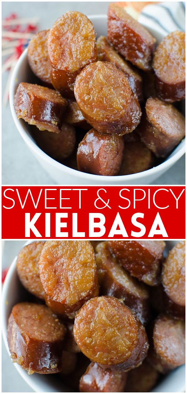 two bowls filled with sweet and spicy kielbasa