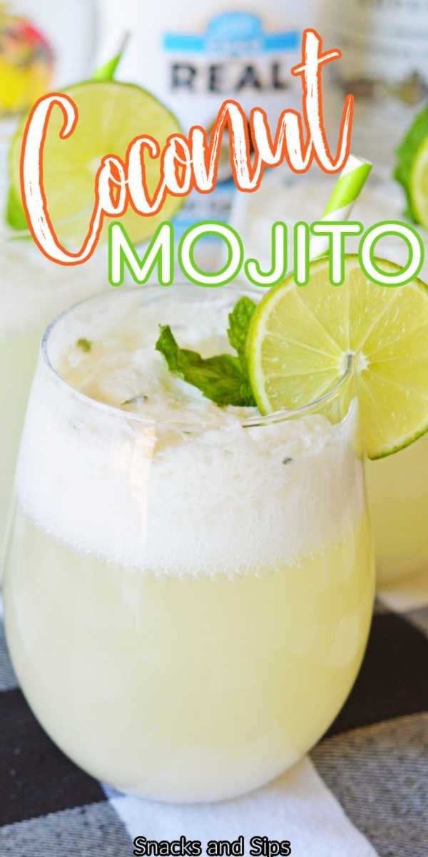 two glasses filled with coconut mojito sitting on top of a checkered table cloth