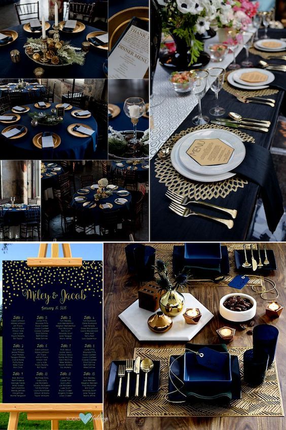 a collage of photos with black, gold and white tables cloths on them