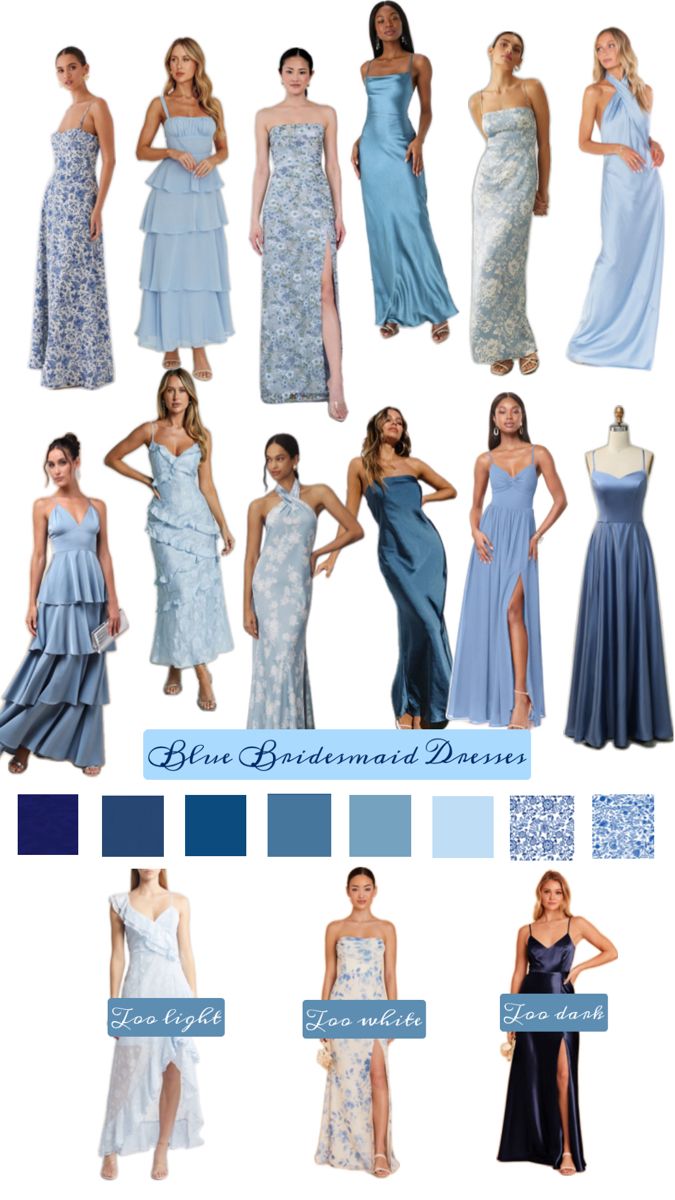 a bunch of dresses that are in different colors and sizes, with the words blue bridesma