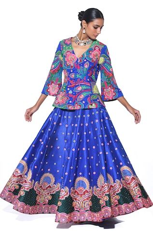 Electric blue paisley pattern attached cancan lehenga with 3D embroidery and patchwork. Paired with an all over embroidered peplum top. - Aza Fashions Blue Silk Lehenga With Motifs, Designer Blue Brocade Lehenga, Fitted Blue Lehenga With Motifs, Blue Brocade Sets With Resham Embroidery, Navratri Blue Brocade Lehenga, Blue Brocade Lehenga For Navratri, Blue Brocade Sets For Reception, Blue Brocade Sets For Navratri, Semi-stitched Blue Brocade Sets