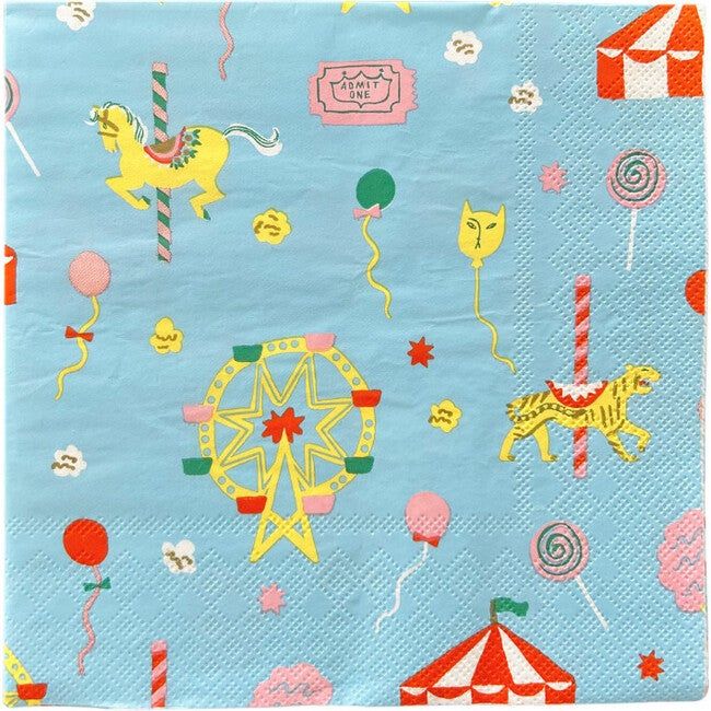 a blue napkin with circus animals, balloons and ferris wheel on it's side