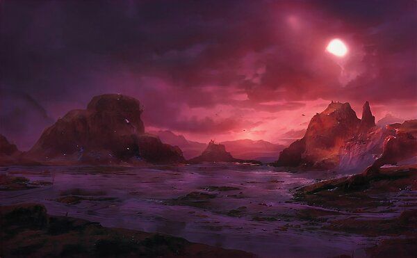 an alien landscape with rocks and water under a purple sky