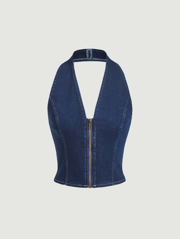 Zip Up Halter Neck Backless Denim Top Denim Top Outfit, Denim Halter Top, Street Style Outfits Casual, Denim Top Women, Denim Corset Top, Moda Denim, Camisa Jeans, Denim Crop Top, Mode Jeans