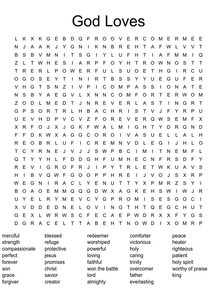 a word search page with the words god loves in black and white, as well as an