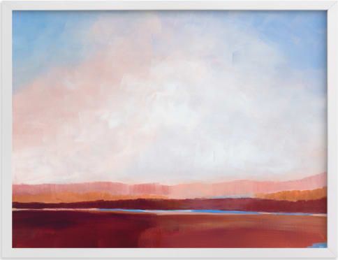 an abstract painting with brown, blue and pink colors on the water's surface