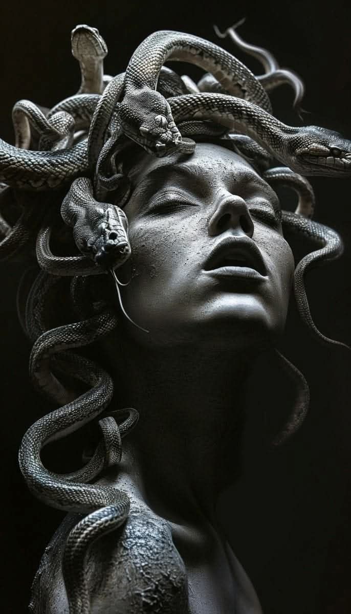 a woman with snakes on her head is shown in this black and white photo,