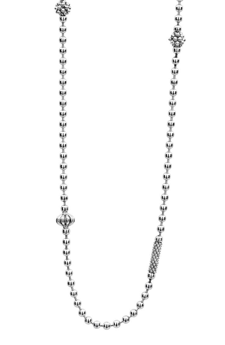 Tiny, charming wonders are stationed along a beaded chain crafted from fine sterling silver. Style Name:Lagos Caviar Icon Elements Necklace. Style Number: 5548176. Sterling Silver Beaded Chain Necklace, Silver Sterling Silver Beaded Necklace With Adjustable Chain, Double Strand Sterling Silver Necklace, Sterling Silver Necklace With Beaded Chain In White Gold, Sterling Silver White Gold Necklace With Beaded Chain, White Gold Sterling Silver Necklace With Beaded Chain, White Gold Sterling Silver Beaded Necklace, Single Strand Sterling Silver Necklace In Silver, Sterling Silver Necklaces With Adjustable Chain And Round Beads