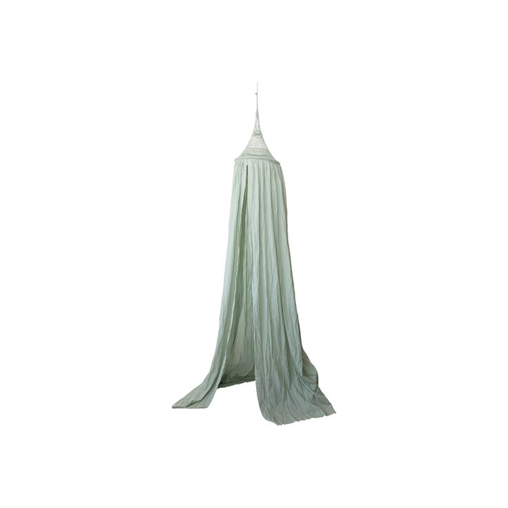 a white hanging chair with a long, draped fabric on the top and bottom of it