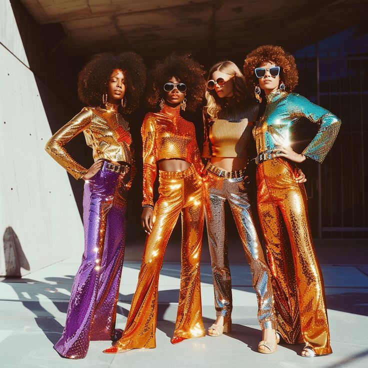 70s Fashion Party Outfits, 70s Aesthetic Fashion Disco, Disco Fever Outfit 70s Fashion, Disco Outfits 70s, 70s Party Fashion, Disco Fashion 70s, Disco Outfit Ideas 70s, Concert Outfit Ideas Black, Glitzy Outfits