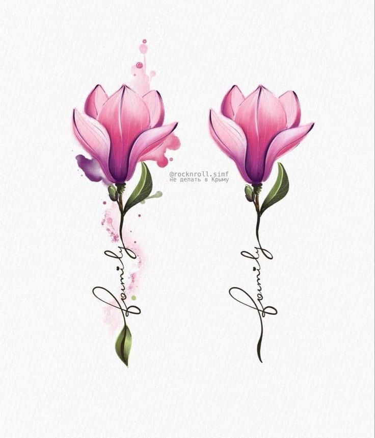 two pink flowers with the word love written in cursive writing on top of them