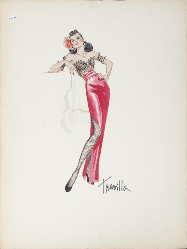 a drawing of a woman in a red dress with her arms behind her back and legs crossed