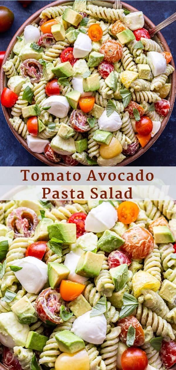 two pictures of pasta salad with tomatoes, avocado and mozzarella cheese