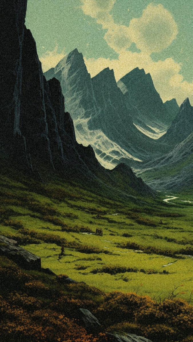 a painting of mountains and grass in the foreground