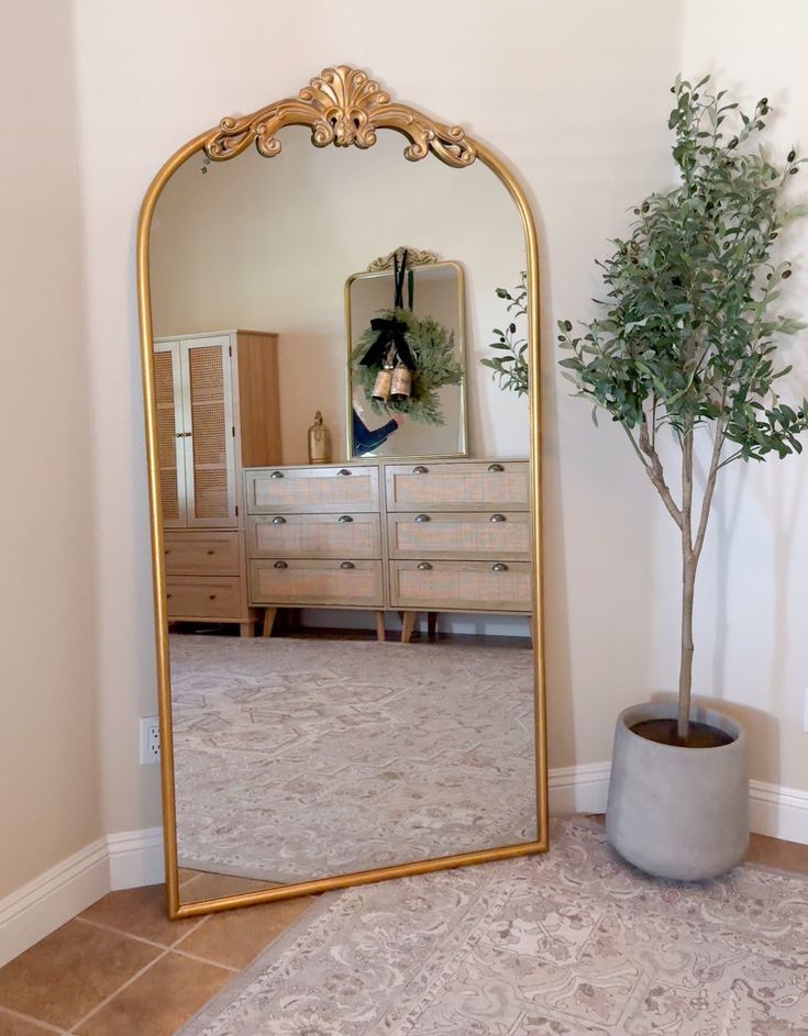 a mirror sitting on top of a floor next to a potted plant and dresser